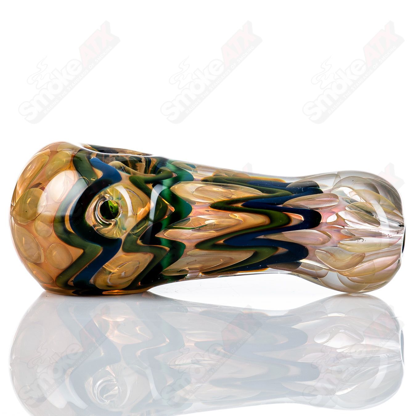 Glass pipe by Shane Smith featuring gold and silver fume designs, shaped as a #10 I/O spoon for smoking accessories.