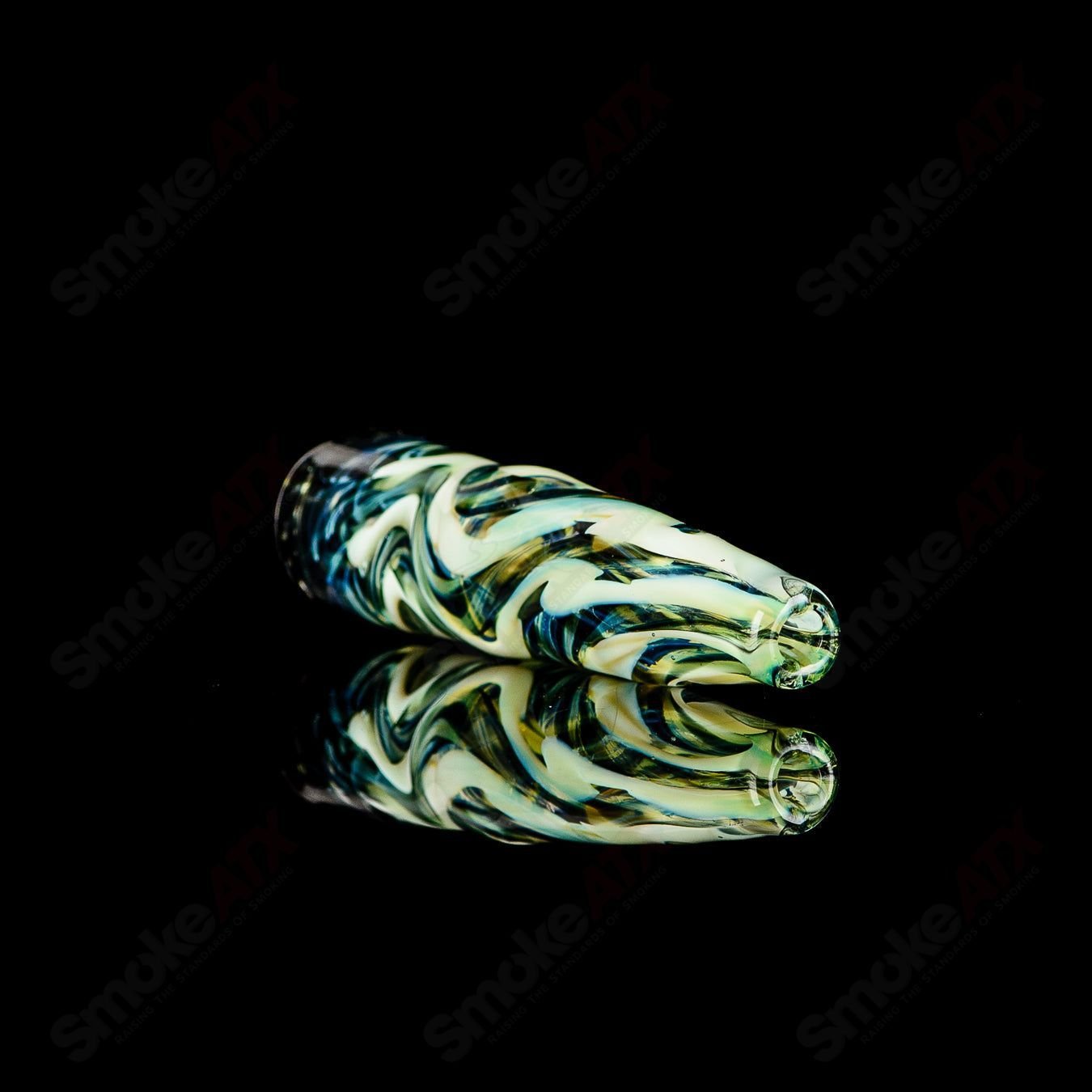 Handcrafted JMK Glass #10 I/O Worked Chillum with signed detail, made of clear glass, showcasing intricate worked design.