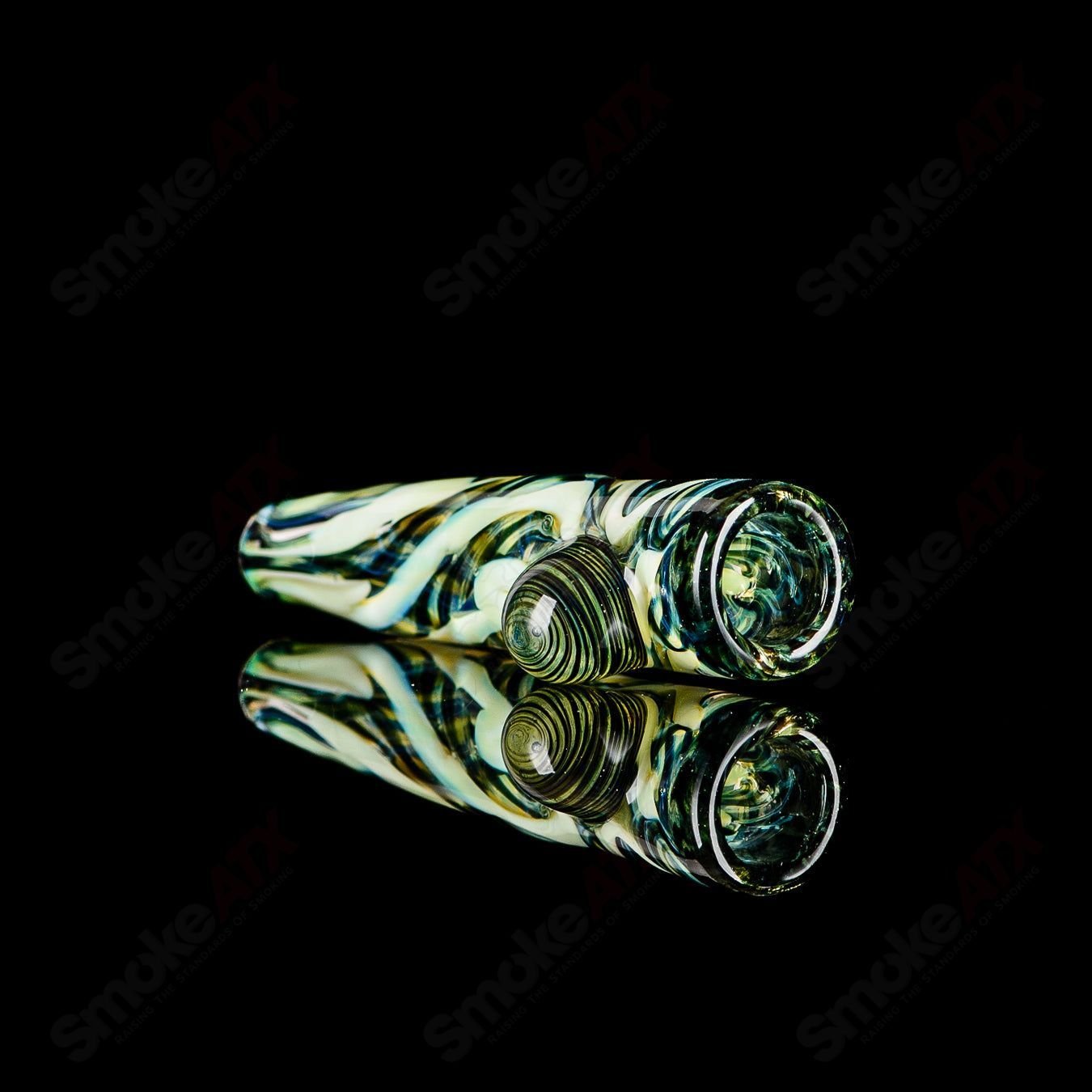 Signed JMK Glass #10 I/O Worked Chillum, handcrafted glass smoking pipe with intricate worked design and logo detail.