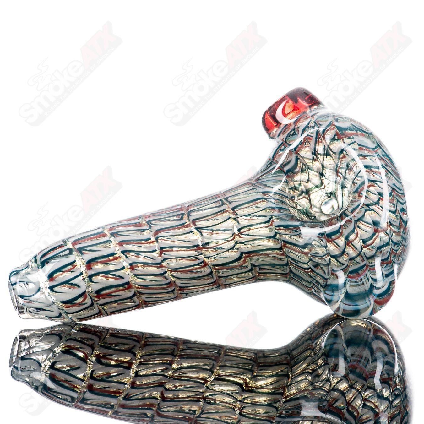JMK Glass #10 Lattice Coil Spoon hand pipe with intricate lattice coil design, clear glass construction, and ergonomic shape.