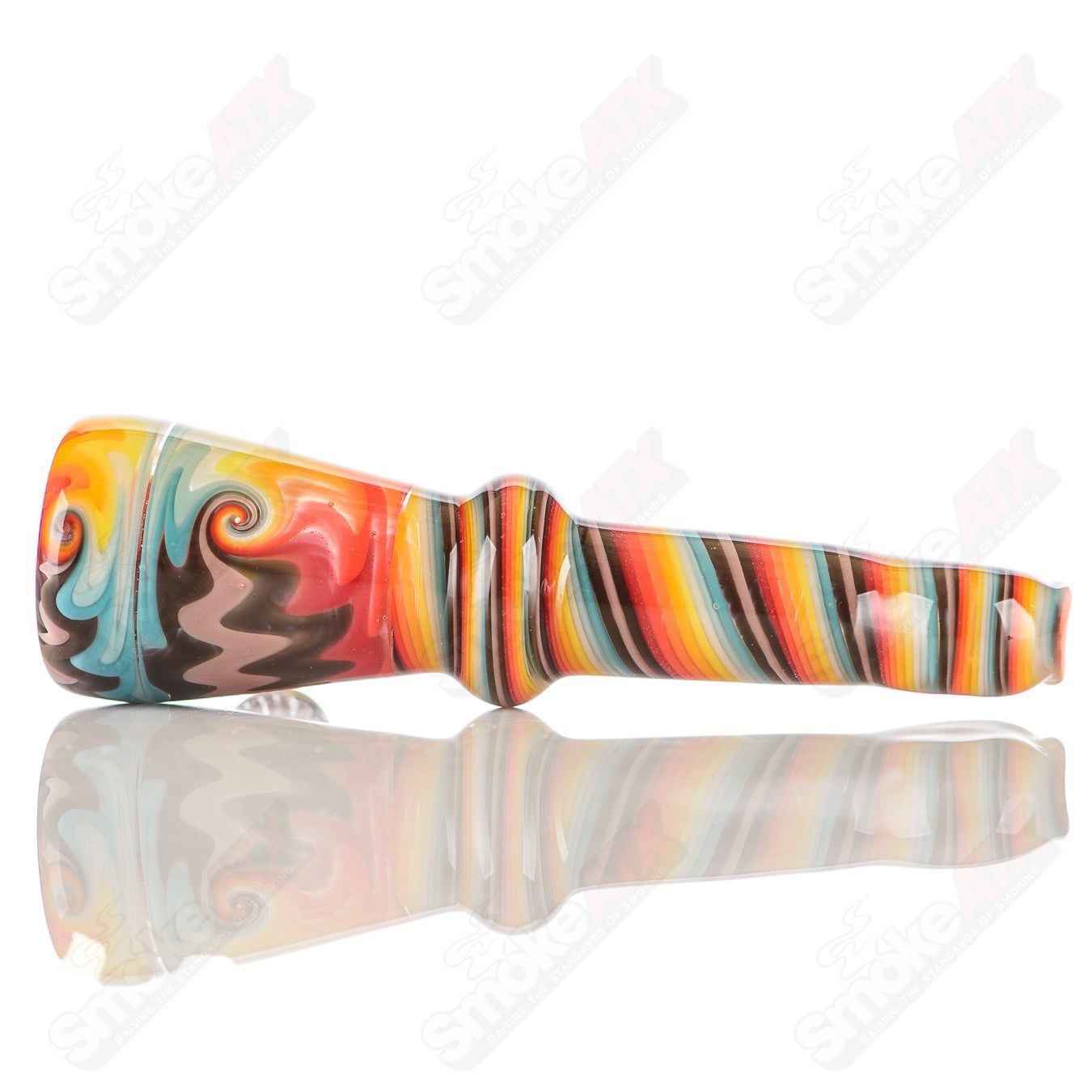 Katy Wright Glass Wig Wag Chillum, colorful heady glass pipe with wig wag pattern, designed for smoking, handheld and artistic.