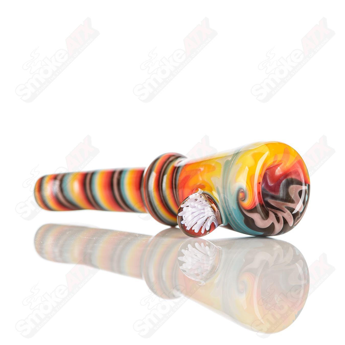 Katy Wright Glass Wig Wag Chillum, colorful heady glass pipe with intricate design, used for smoking, featuring vibrant patterns.