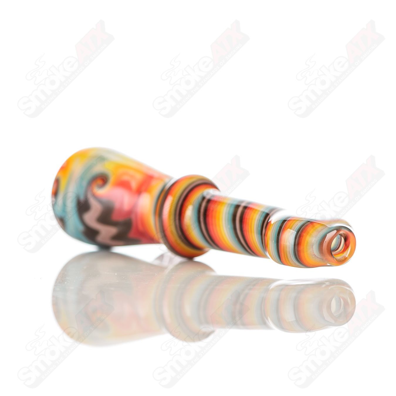 Katy Wright Glass Heady Chillum with Wig Wag design, clear glass smoking pipe featuring intricate patterns and a smooth mouthpiece.