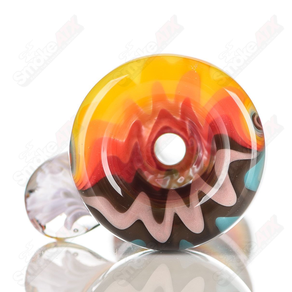 Katy Wright Glass Wig Wag Chillum in clear heady glass with colorful wig wag pattern, compact and artistic smoking pipe.