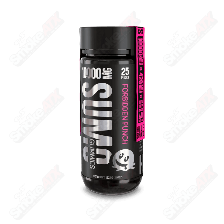 Fresh Farms Forbidden Punch Sumo Gummies, hemp edibles with 10,000mg THC, 25-pack, half-baked flavor in a colorful package.