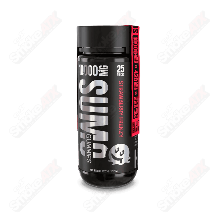 Assorted Fresh Farms Strawberry Frenzy Sumo Gummies with 10000mg THC hemp edibles, 25-pack, half-baked flavor, colorful packaging.