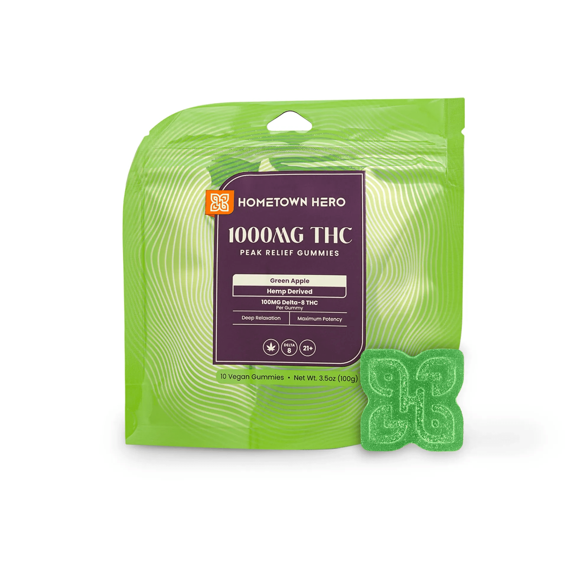 Hometown Hero Green Apple Max Delta 8 Gummies, hemp edibles with 1000mg Delta 8, featuring green apple flavor.