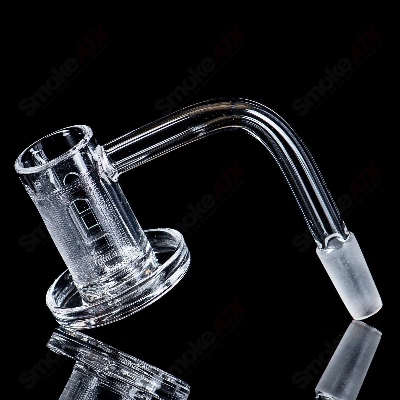 Glass banger from Quave Club Bangers, 10/90 Hash Ruined My Life Charmer design, with clear glass and intricate details.