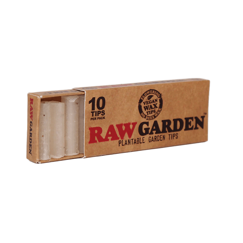 Pack of 10 RAW pre-rolled garden tips for rolling papers, featuring natural paper tips for smooth rolling and burning.