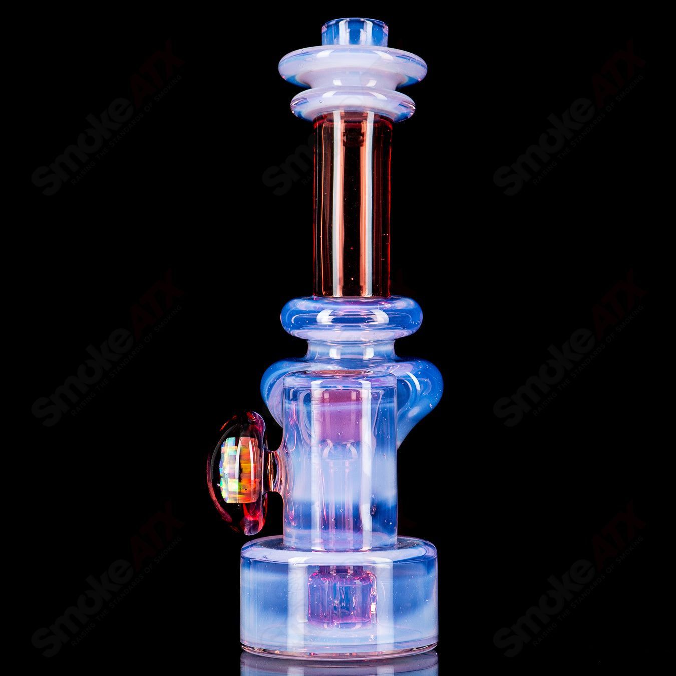 10mm Micro RBR Neo Rose/Pomegranate heady glass concentrate rig by Bear Mountain Studios with intricate design and colorful accents.