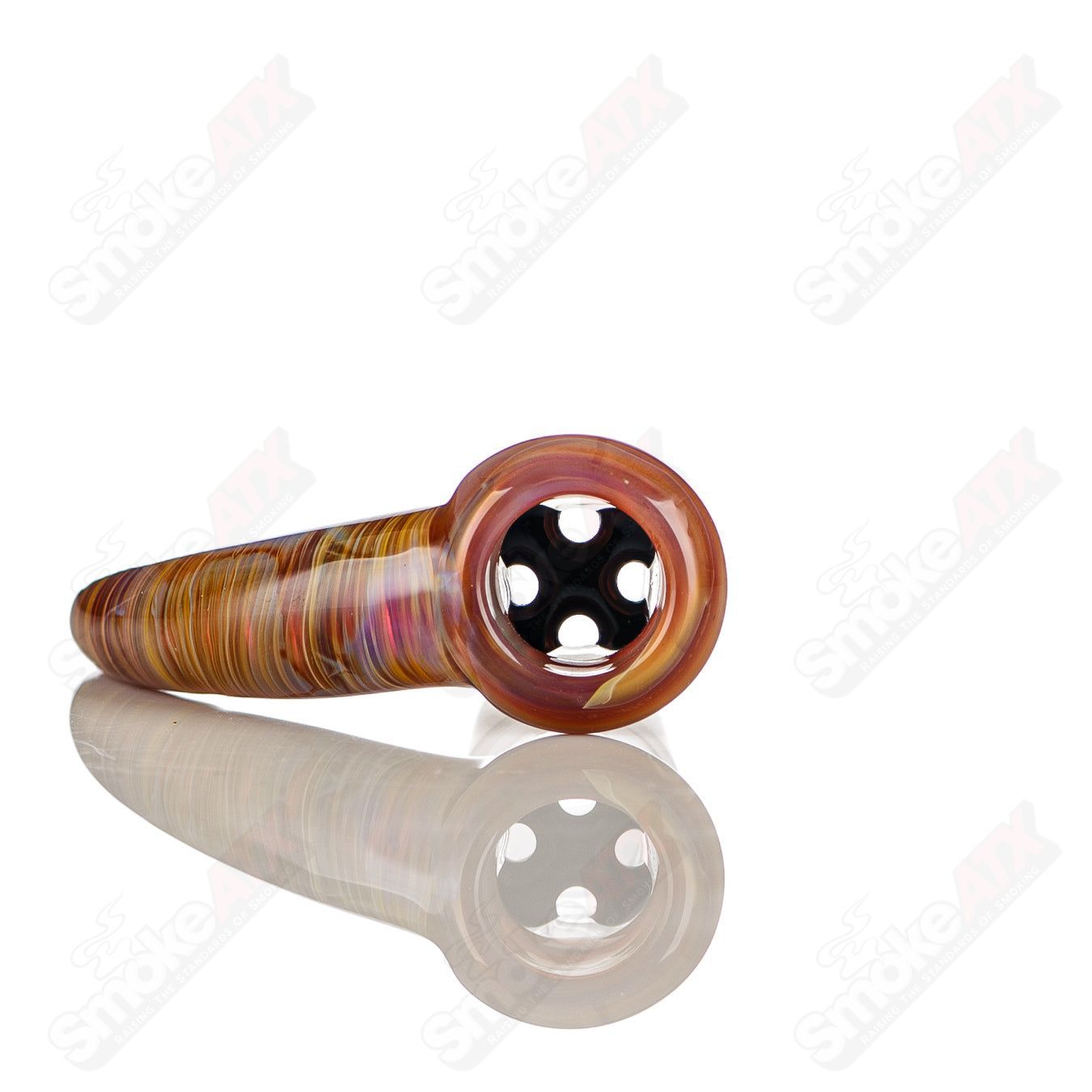 Colorful 18mm Texas Tubes Worked Color 4-Hole Slide for Heady Glass bowls, featuring intricate glasswork and vibrant design.