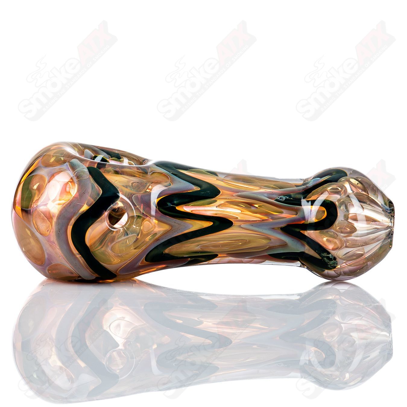 Gold and silver fume glass pipe, I/O spoon design by Shane Smith, featuring intricate color details and a smooth glass finish.