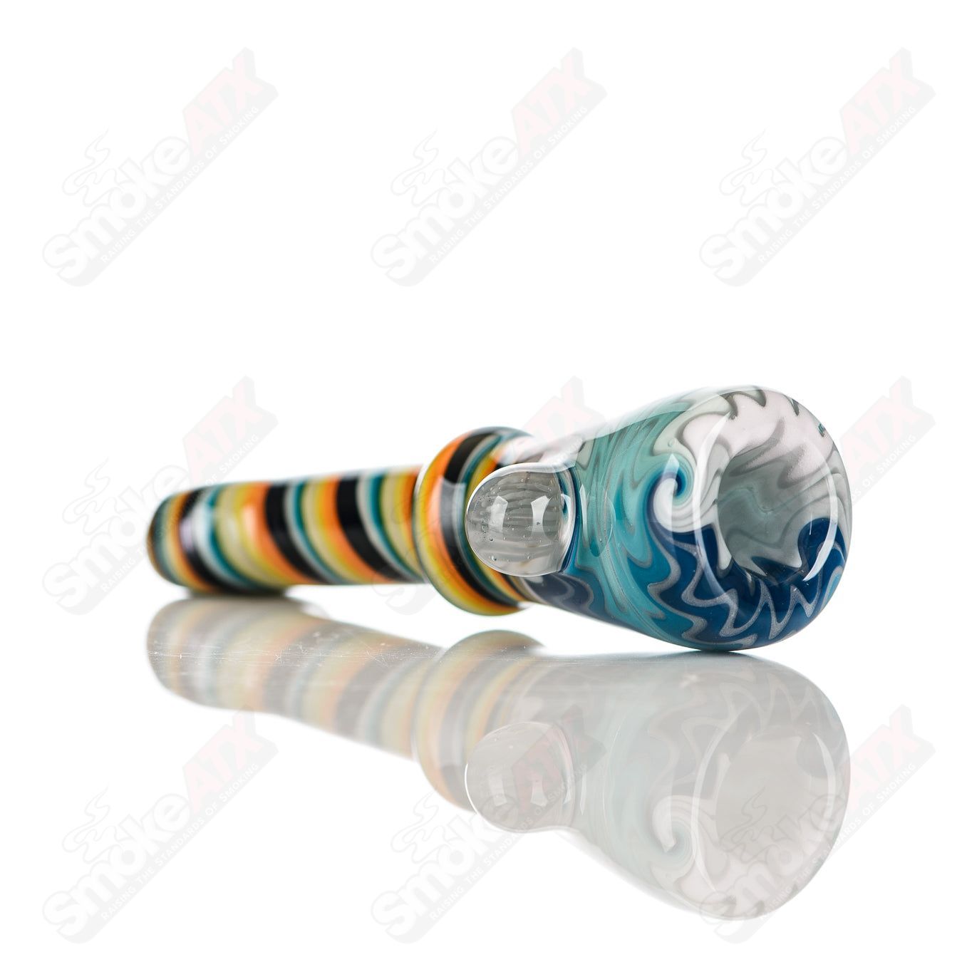 Katy Wright Glass Wig Wag Chillum, handcrafted heady glass pipe with colorful wig wag pattern, designed for smooth smoking experiences.