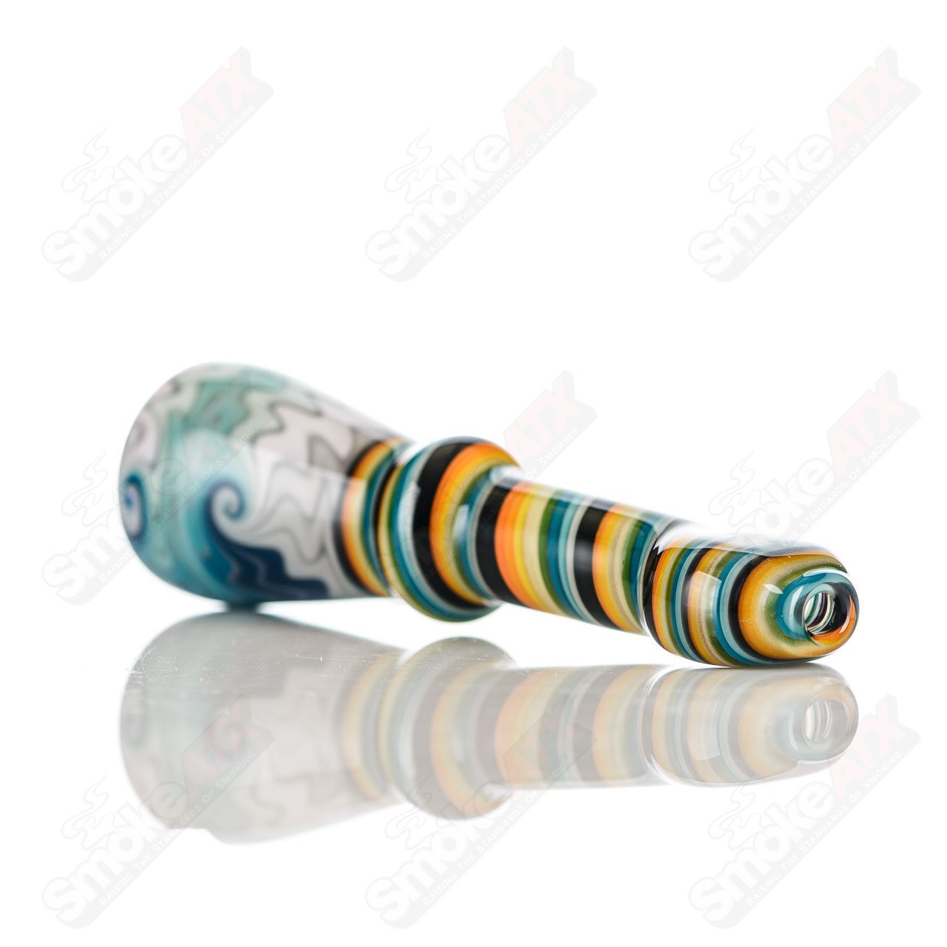 Katy Wright Glass Wig Wag Chillum, colorful heady glass pipe with wig wag pattern, small and portable for smoking.