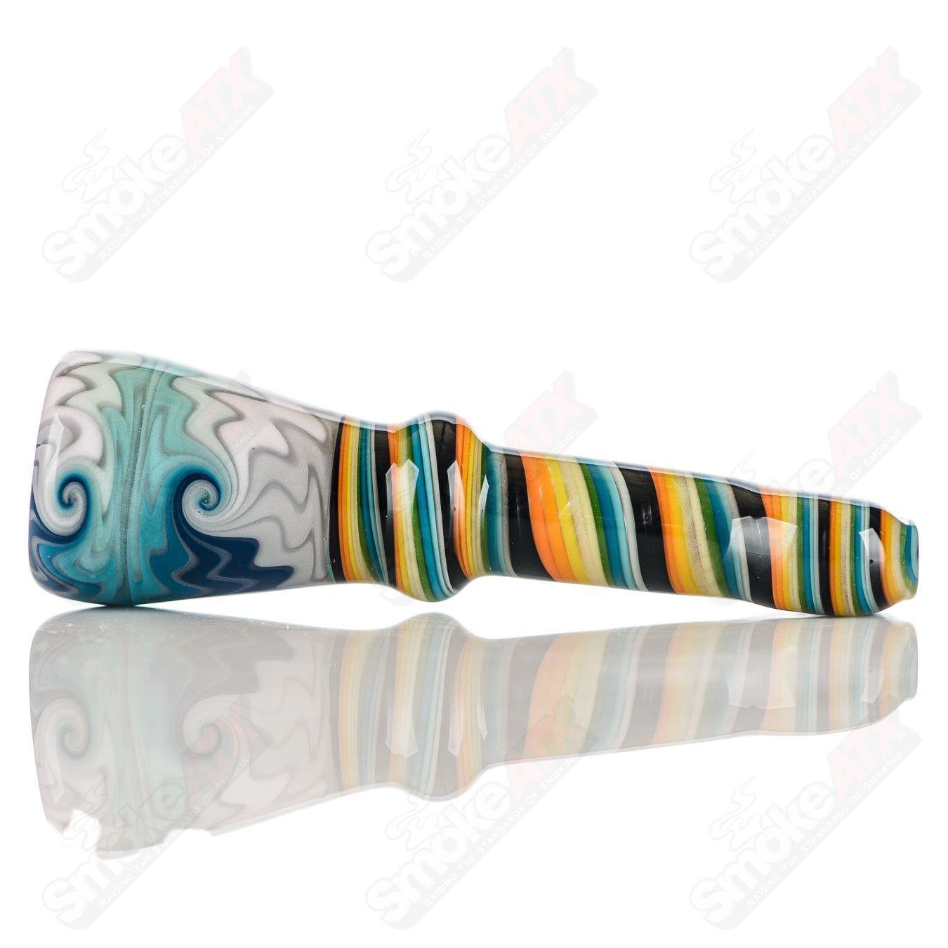 Katy Wright Glass Wig Wag Chillum, colorful heady glass pipe with a zigzag pattern, designed for smooth smoking experience.