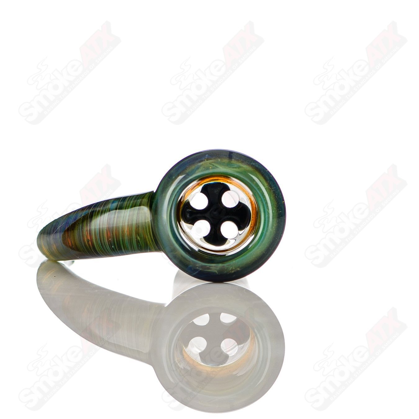 Colorful 18mm Texas Tubes 4-hole slide bowl by Heady Glass, featuring worked design and vibrant multicolor accents.