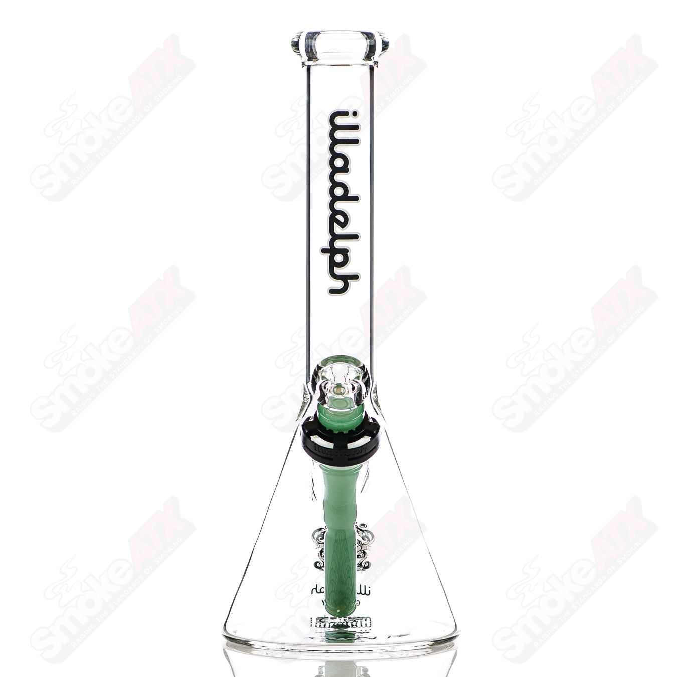 Black 12-inch mini beaker glass bong by Illadelph with a 5mm thick construction and clear labelling.