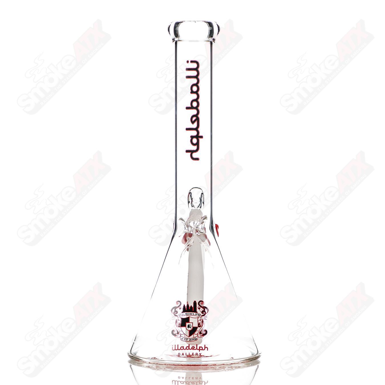 12-inch black and red mini beaker glass bong by Illadelph, featuring a 5mm thick construction and classic beaker shape.