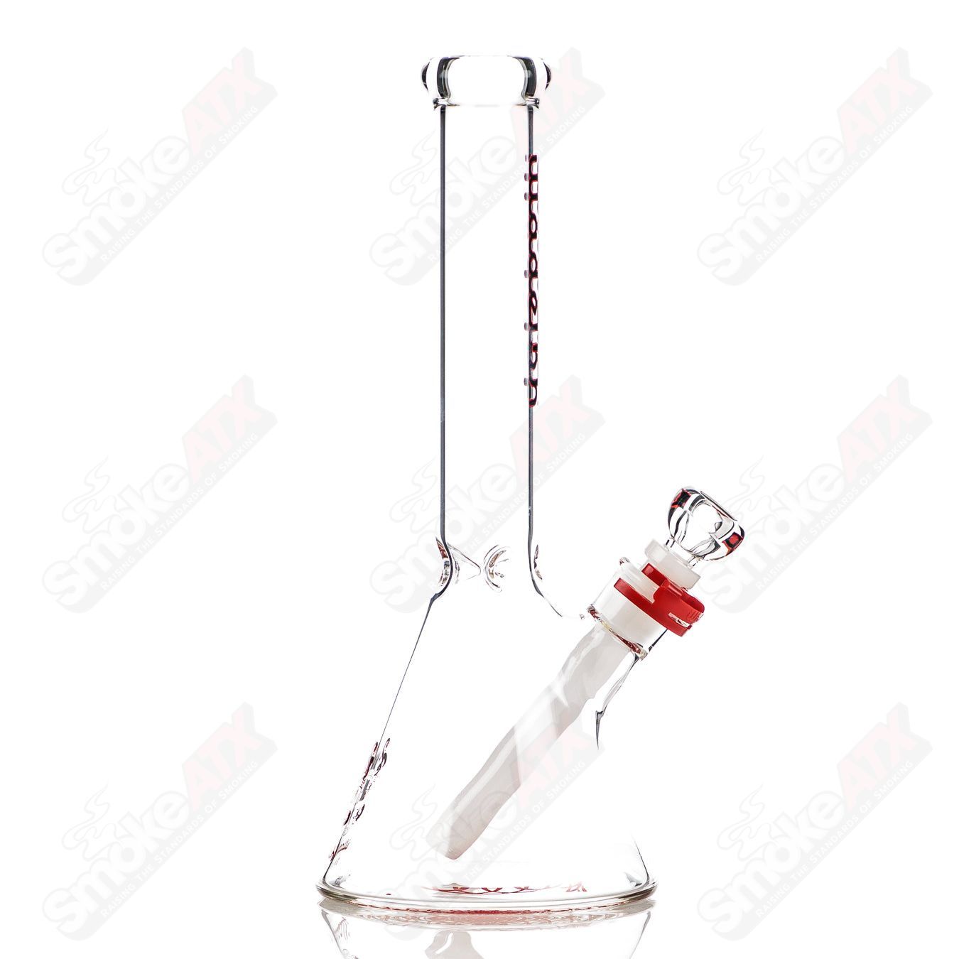 Black and red 12-inch mini beaker glass bong by Illadelph with a 5mm thick base and clear glass accents.