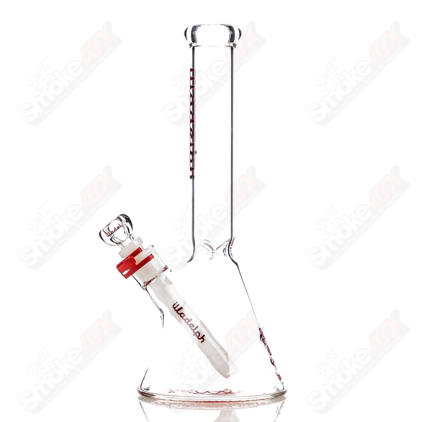 12-inch black and red mini beaker glass bong by Illadelph, featuring a 5mm thick construction and clear labelling.
