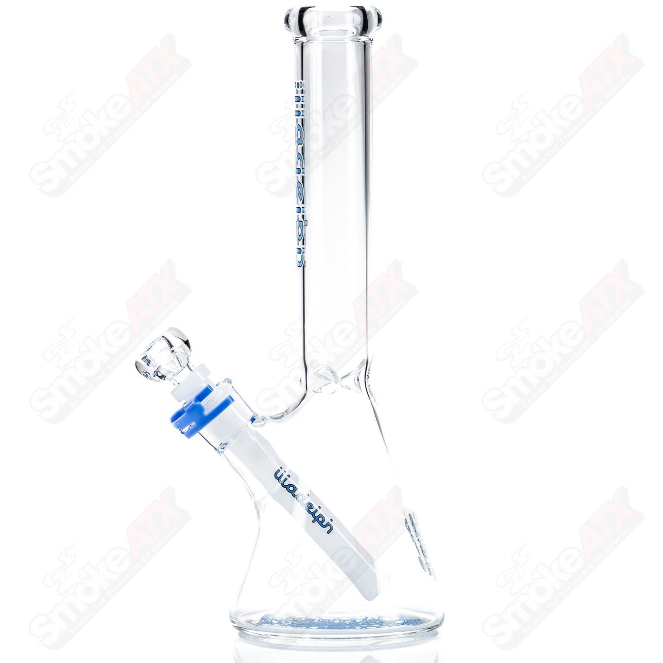 Blue 12-inch mini beaker glass bong by Illadelph, 5mm thick, with clear measurement markings and a sturdy base.
