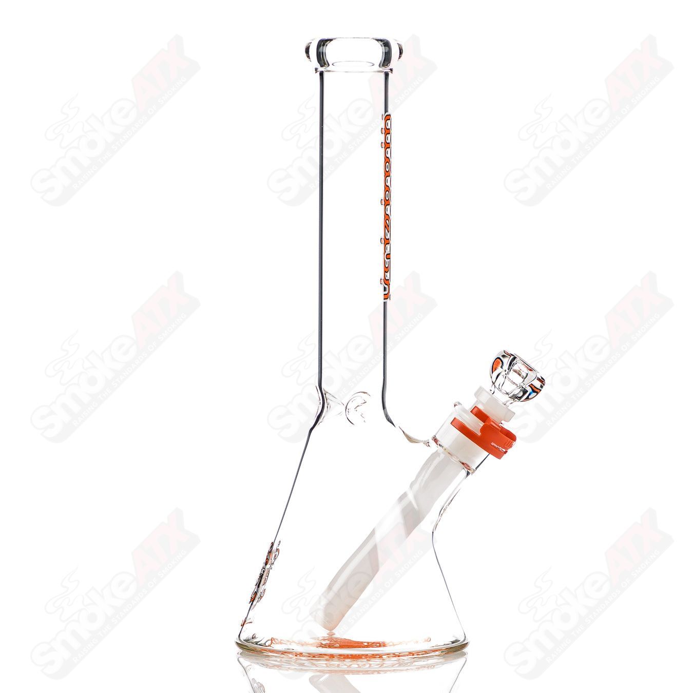 Orange 12-inch 5mm glass beaker by Illadelph, small laboratory-style beaker with a sturdy base and clear measurement markings.