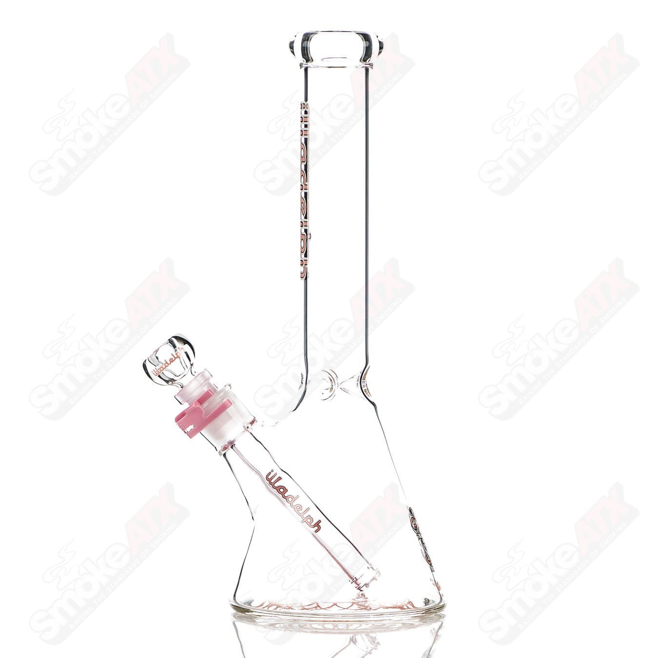 Pink 12-inch mini beaker made of glass by Illadelph, featuring a 5mm thick wall and classic beaker shape.