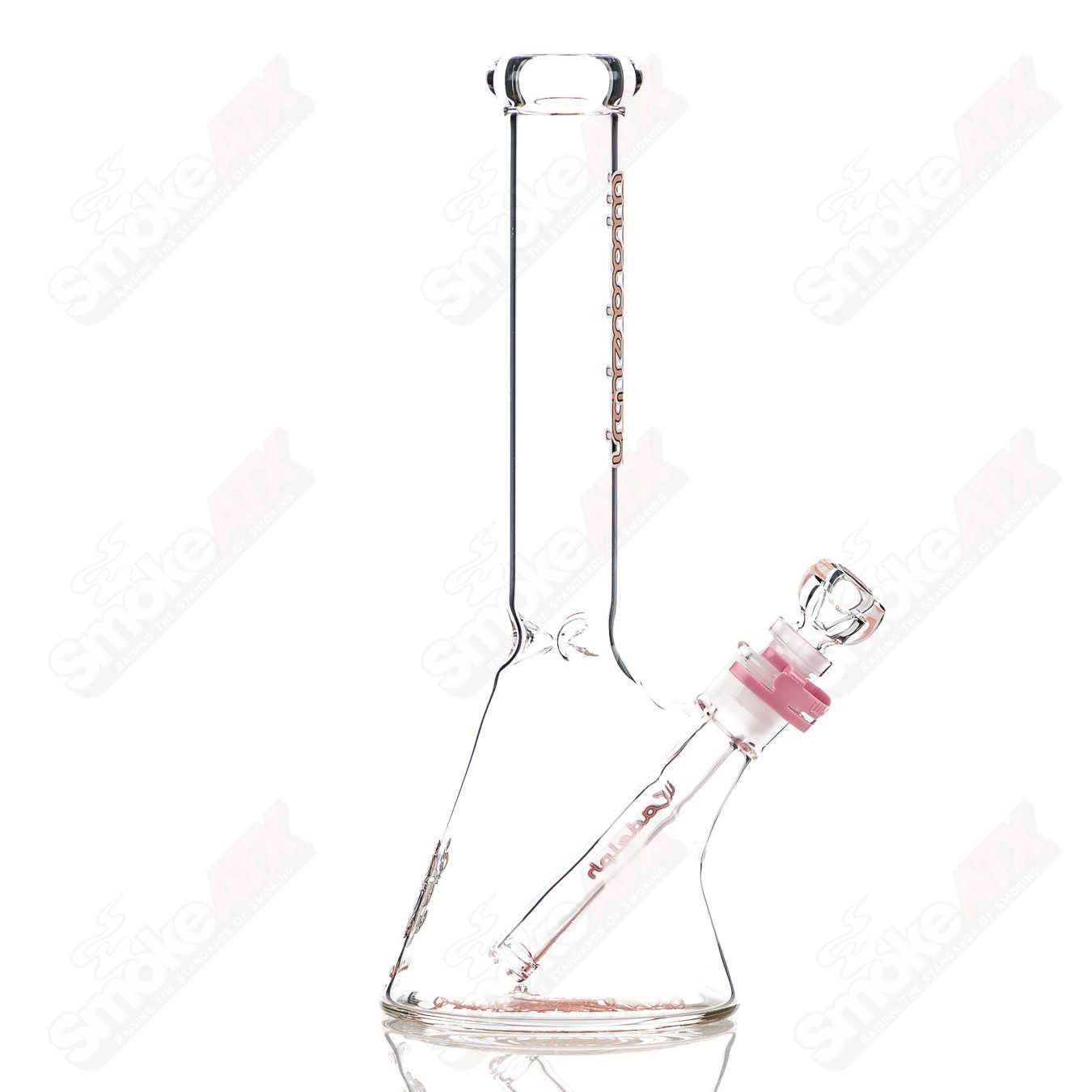 Pink 12-inch, 5mm thick glass mini beaker by Illadelph, featuring a clear glass base with pink accents and a sturdy design.