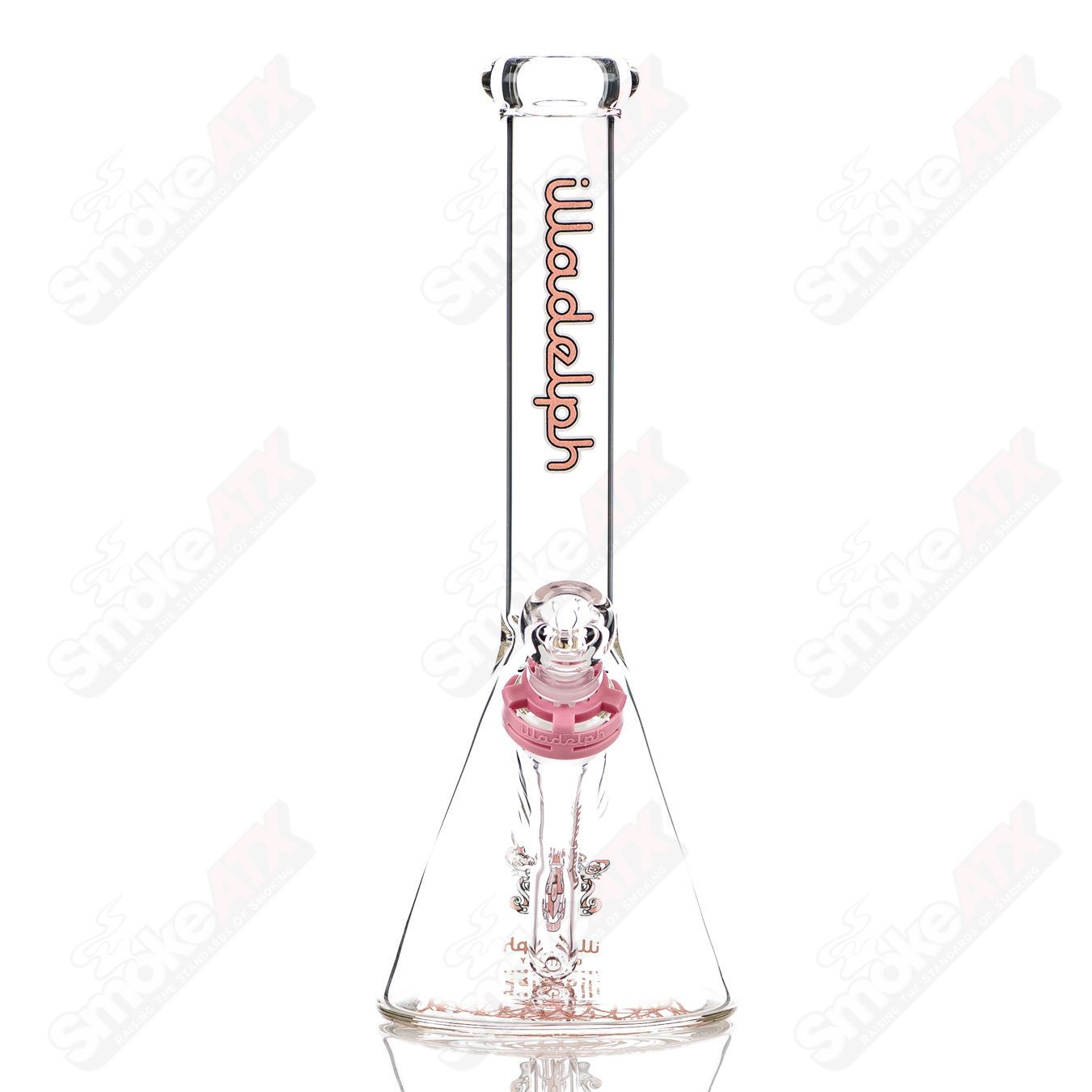 Pink 12-inch mini beaker glass bong by Illadelph, featuring a 5mm thickness and classic beaker shape.
