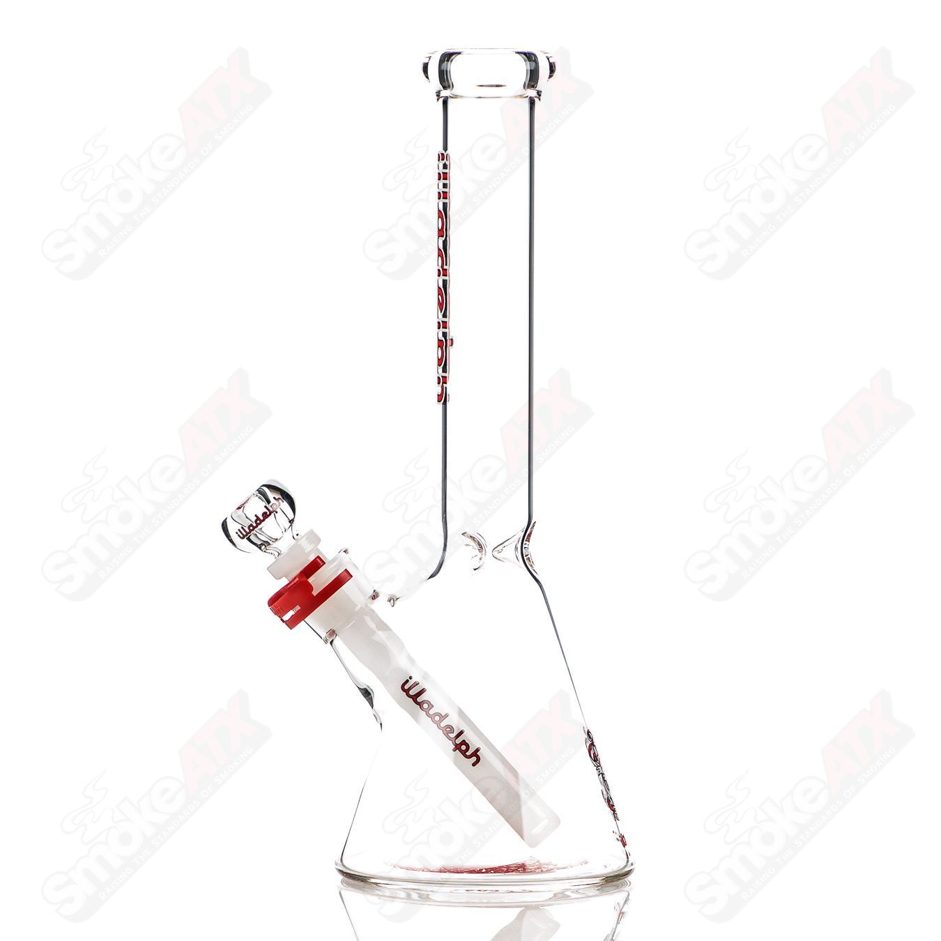 Red 12-inch Illadelph mini beaker glass water pipe with 5mm thickness and clear glass accents.