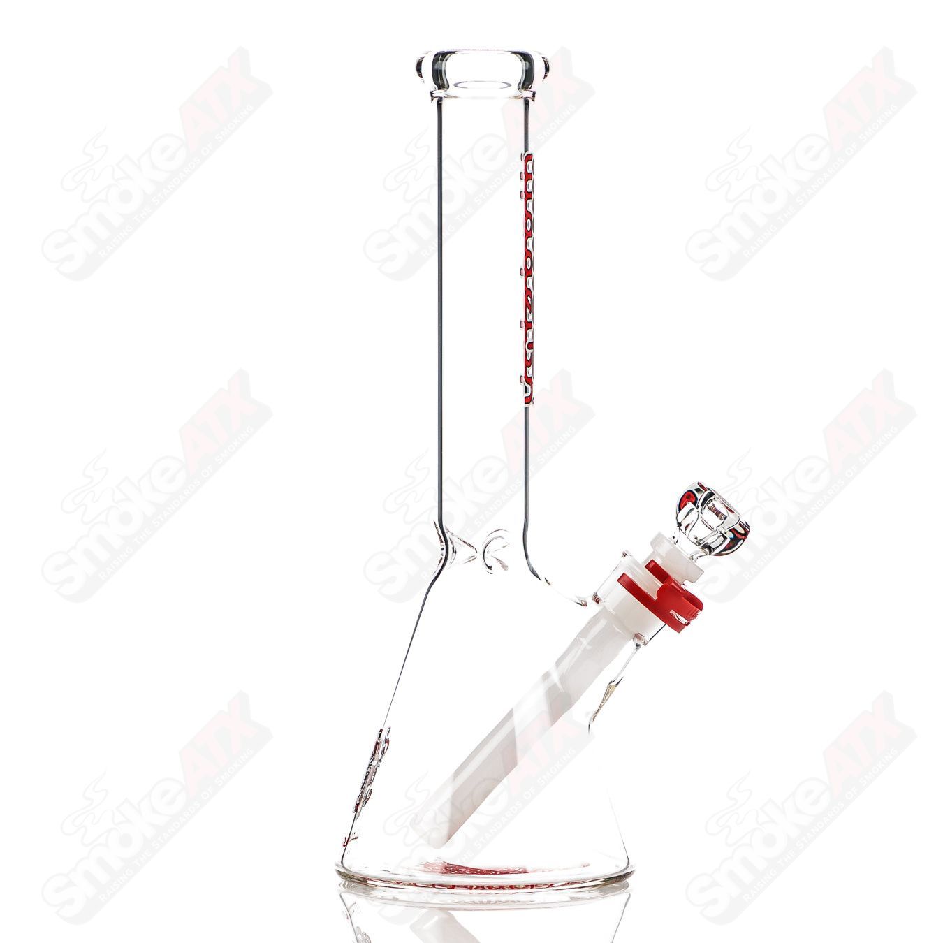 Red 12-inch mini beaker glass bong by Illadelph with 5mm thick walls and clear glass accents.