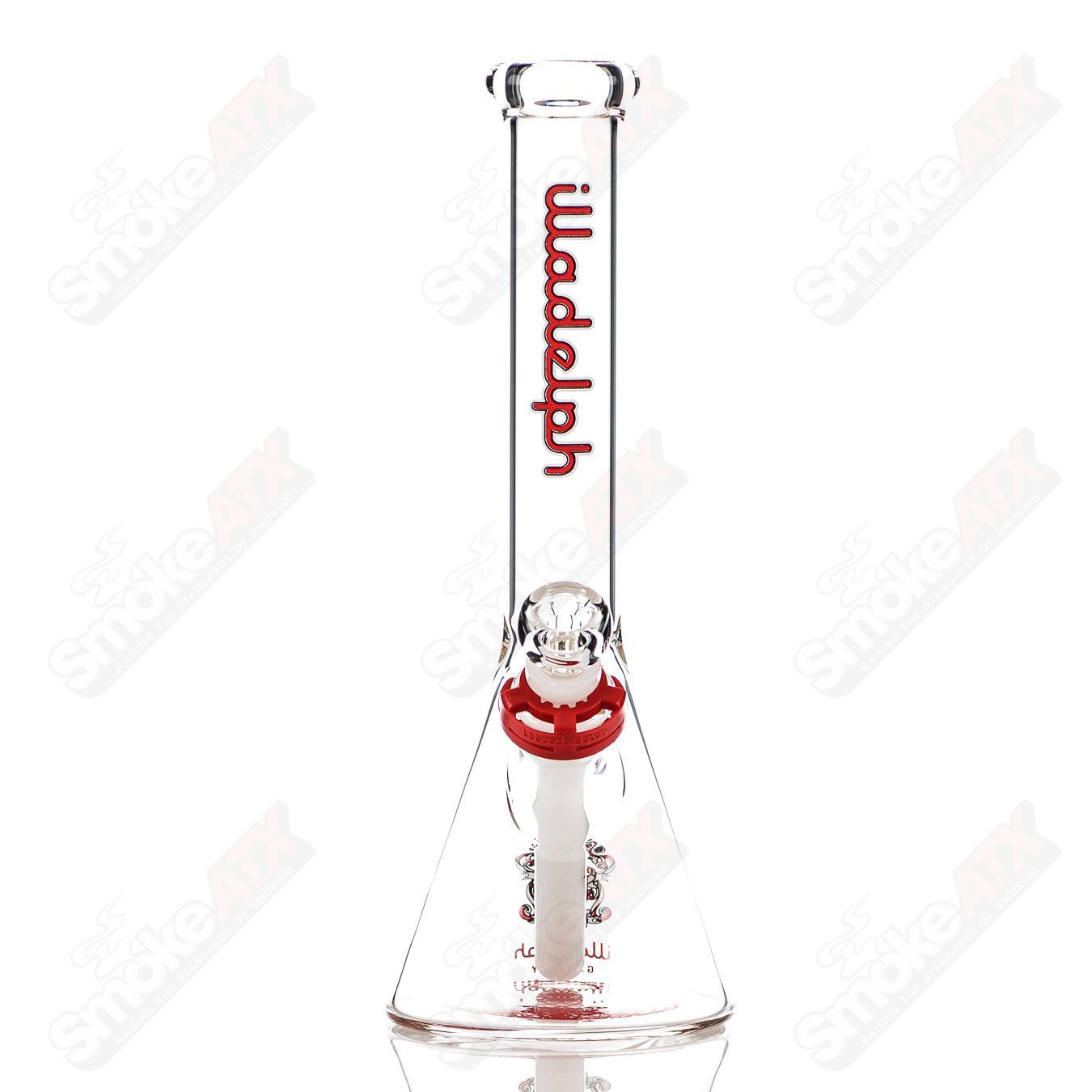 Red 12-inch, 5mm mini beaker glass bong by Illadelph with clear glass accents and sturdy base.