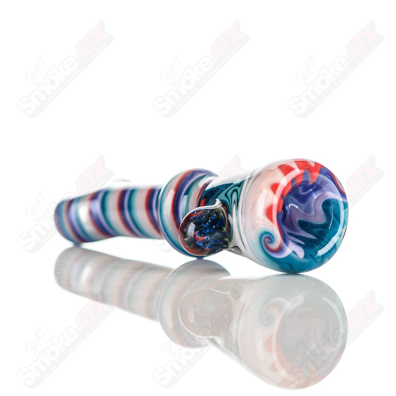 Katy Wright Glass Wig Wag Chillum, vibrant heady glass chillum with colorful wig wag design, compact and artistic smoking pipe.