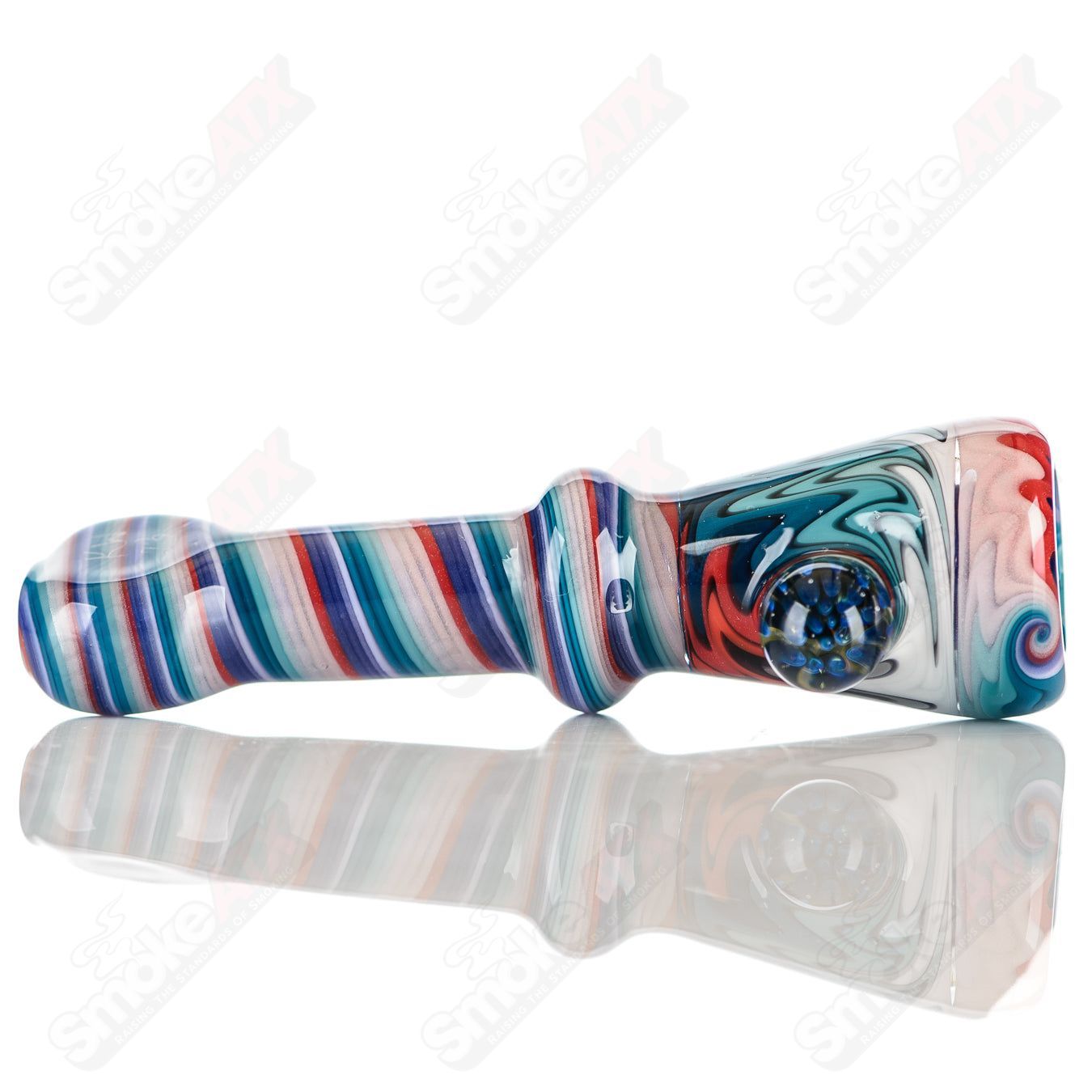Katy Wright Glass Wig Wag Chillum, hand-blown heady glass pipe with colorful wig wag design, compact and artistic smoking accessory.
