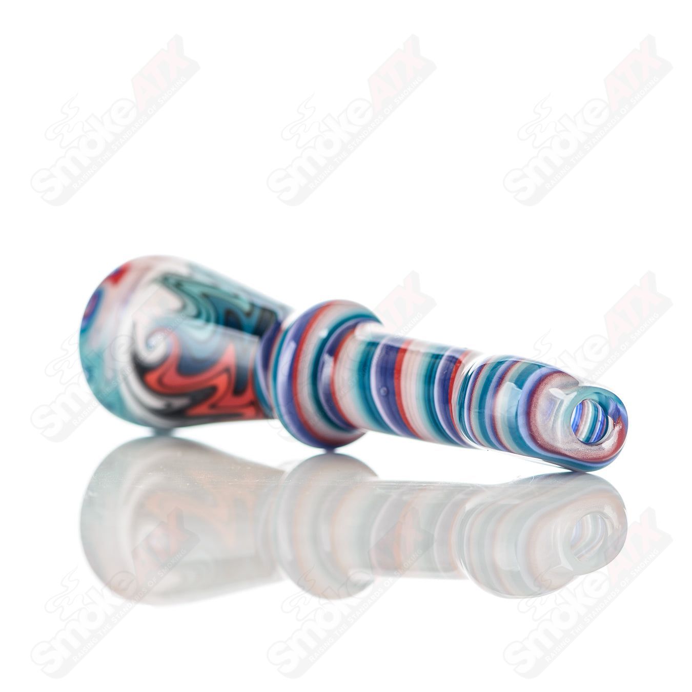 Katy Wright Glass Wig Wag Chillum, hand-blown heady glass pipe with colorful wig wag design, compact and artistic for smoking.