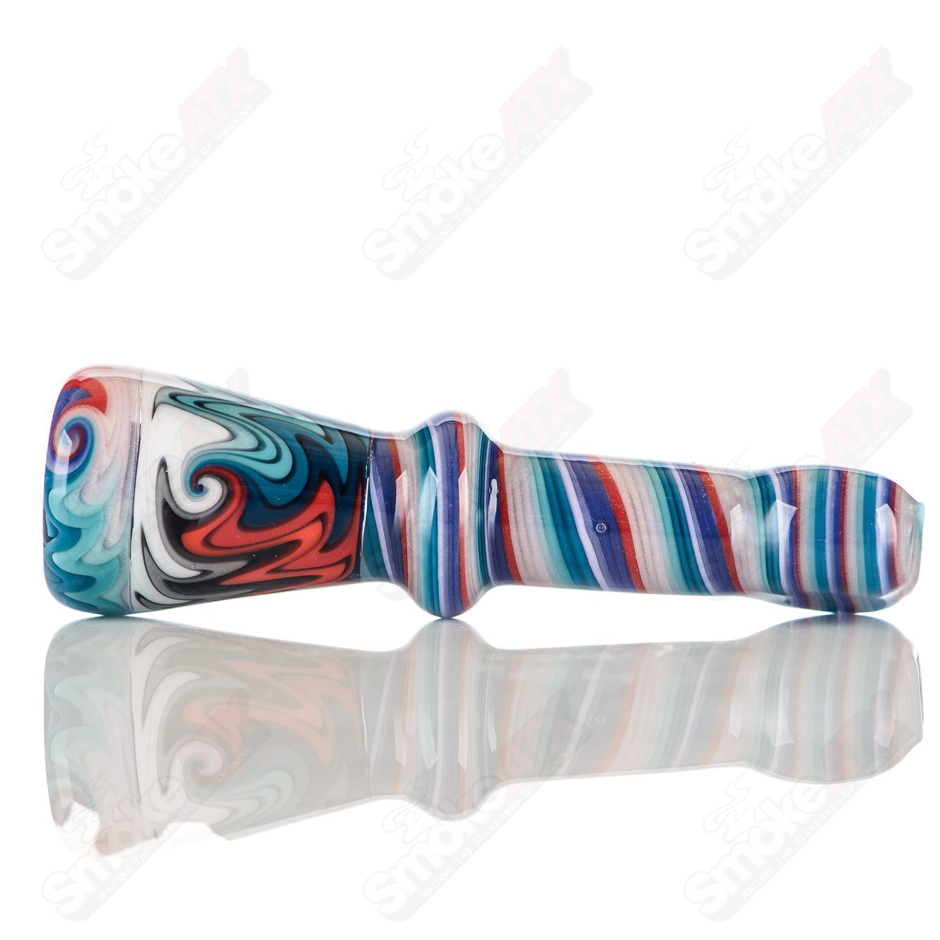 Katy Wright Glass Wig Wag Chillum, handcrafted heady glass pipe with colorful wig wag design for smoking or display.