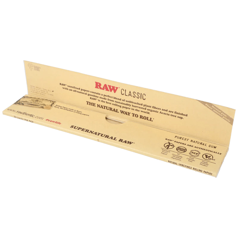 12-inch RAW Supernatural Classic rolling papers with natural unbleached paper and RAW branding for smooth rolling.