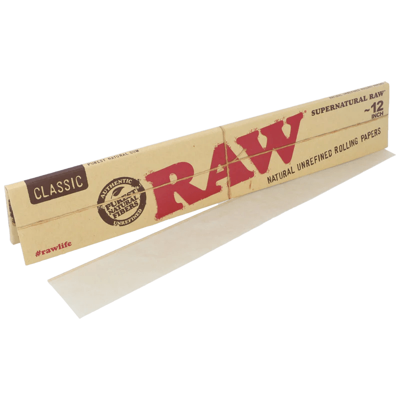 12-inch RAW Supernatural Classic rolling papers with natural hemp material, featuring branded packaging and transparent wrapper.