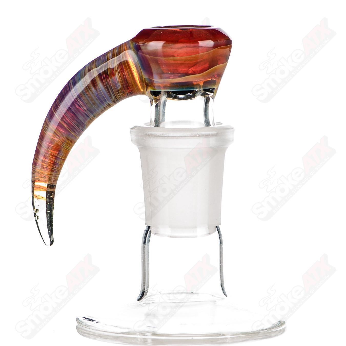 Colorful 18mm worked glass 4-hole slide by Texas Tubes for Heady Glass bowls, featuring intricate design and vibrant hues.