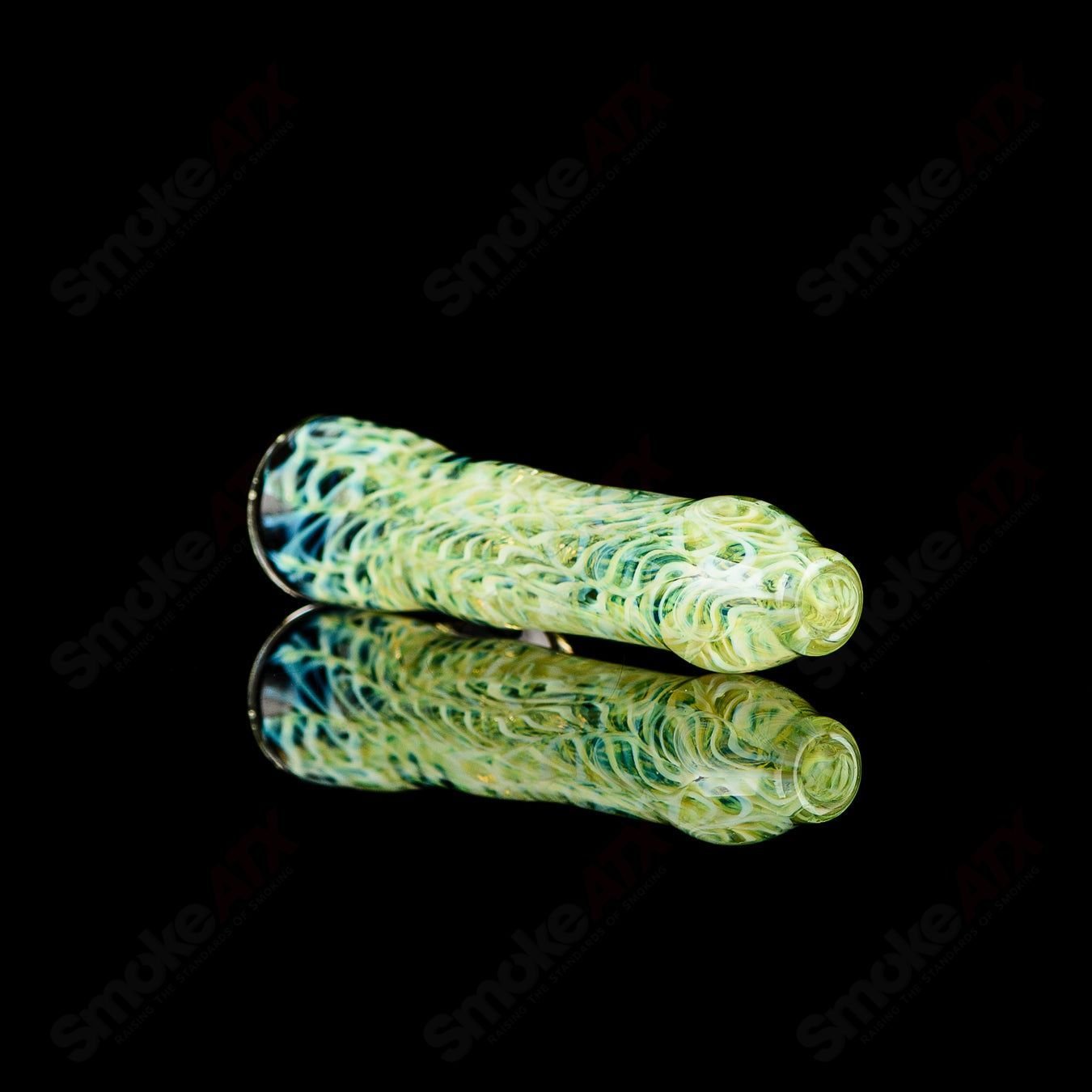 Signed JMK Glass #13 I/O Worked Chillum, clear glass smoking pipe with intricate worked details and brand signature.