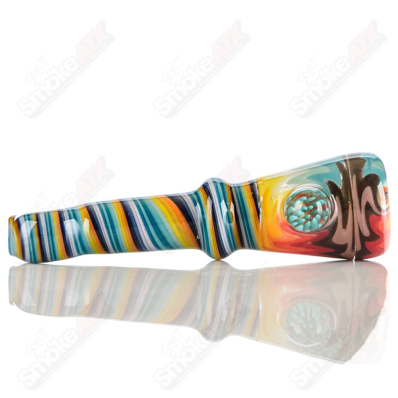 Katy Wright Glass Wig Wag Chillum, colorful heady glass chillum with wig wag pattern, handheld smoking pipe design.