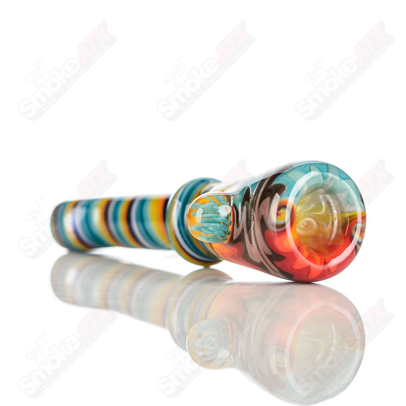 Katy Wright Glass Wig Wag Chillum, colorful heady glass chillum with intricate wig wag design, handheld smoking pipe.