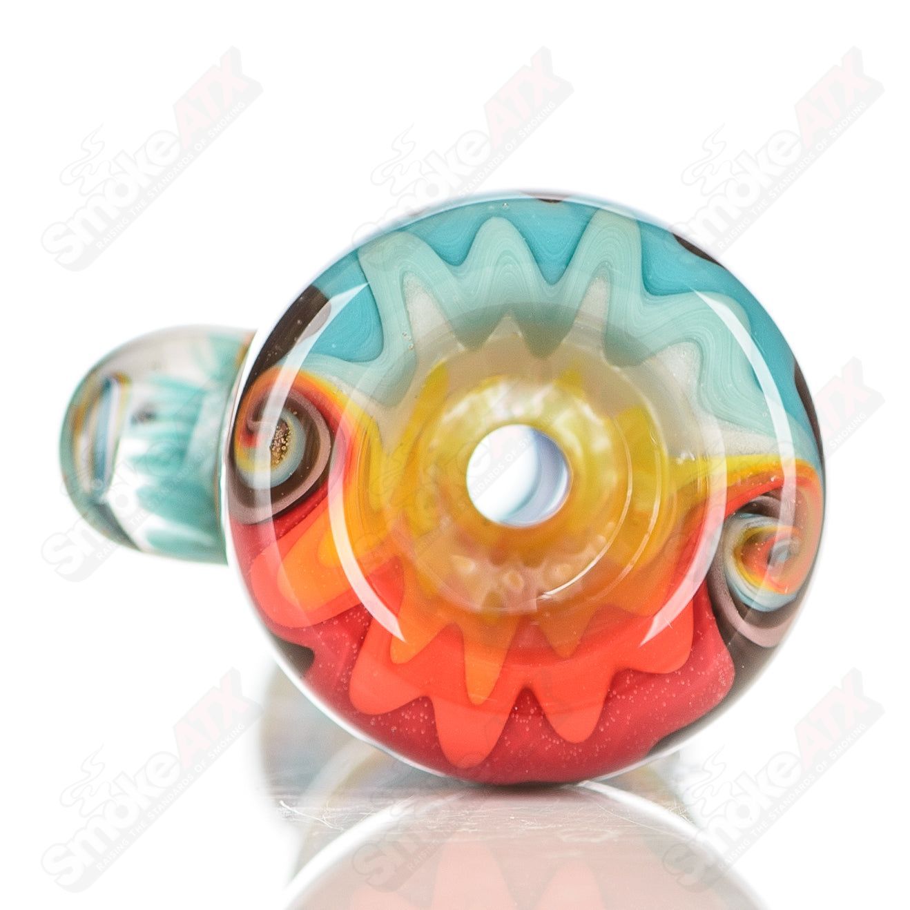 Katy Wright Glass Wig Wag Chillum, colorful heady glass chillum with intricate wig wag design and clear glass accents.