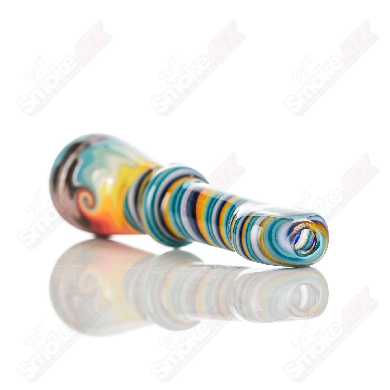 Katy Wright Glass Wig Wag Chillum, colorful heady glass pipe with wig wag design, small handheld chillum for smoking.