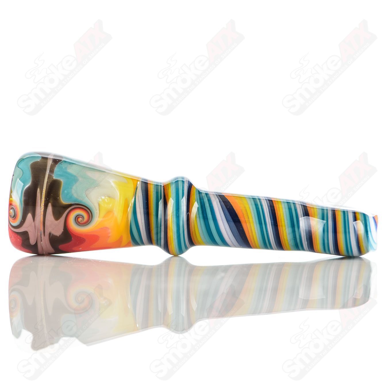 Katy Wright Glass Wig Wag Chillum, colorful heady glass chillum with wig wag pattern, hand-blown art pipe for smoking.