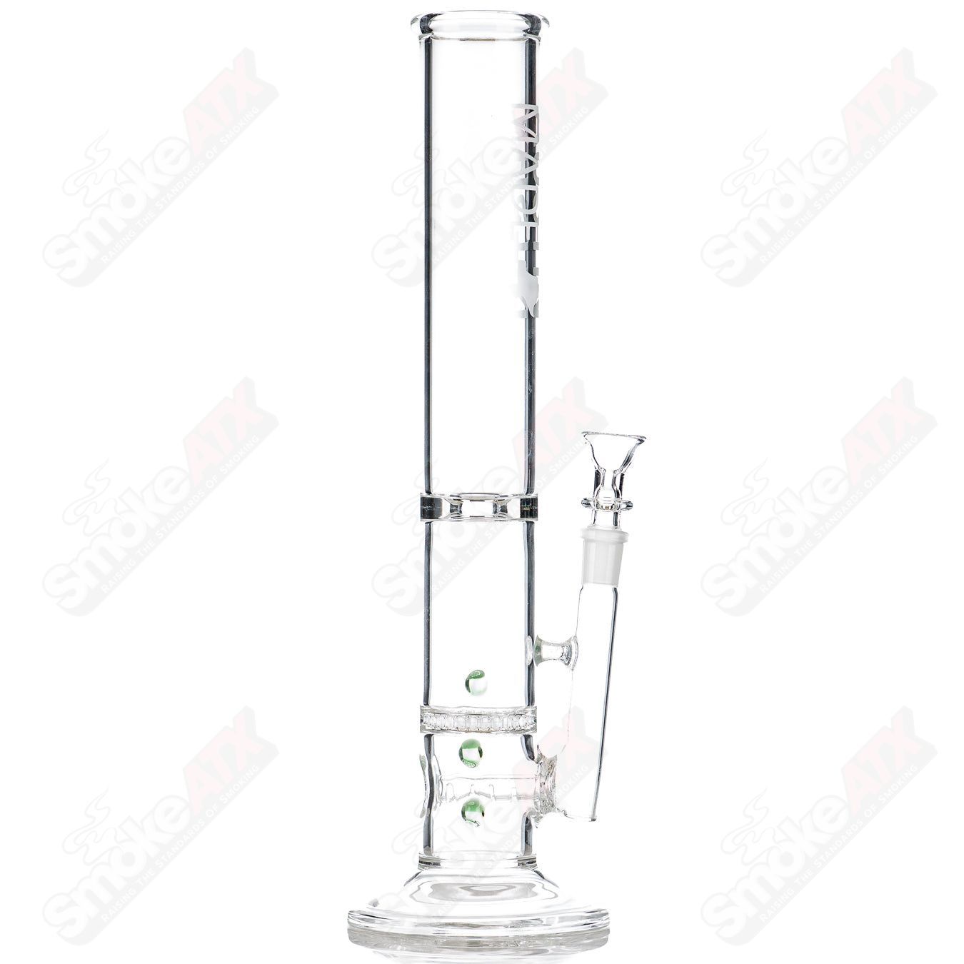 14-inch green color dot stem and honeycomb perc glass tube by Austin Made Glass Co, straight design with vibrant green accents.