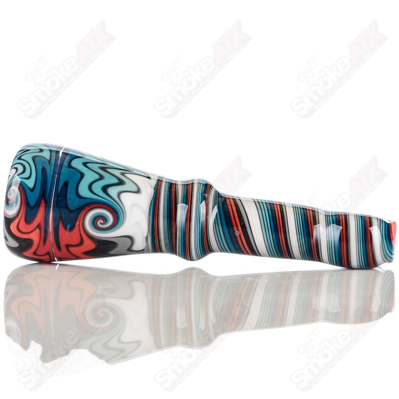 Katy Wright Glass Wig Wag Chillum, colorful heady glass pipe with wig wag pattern, hand-blown art glass chillum for smoking.
