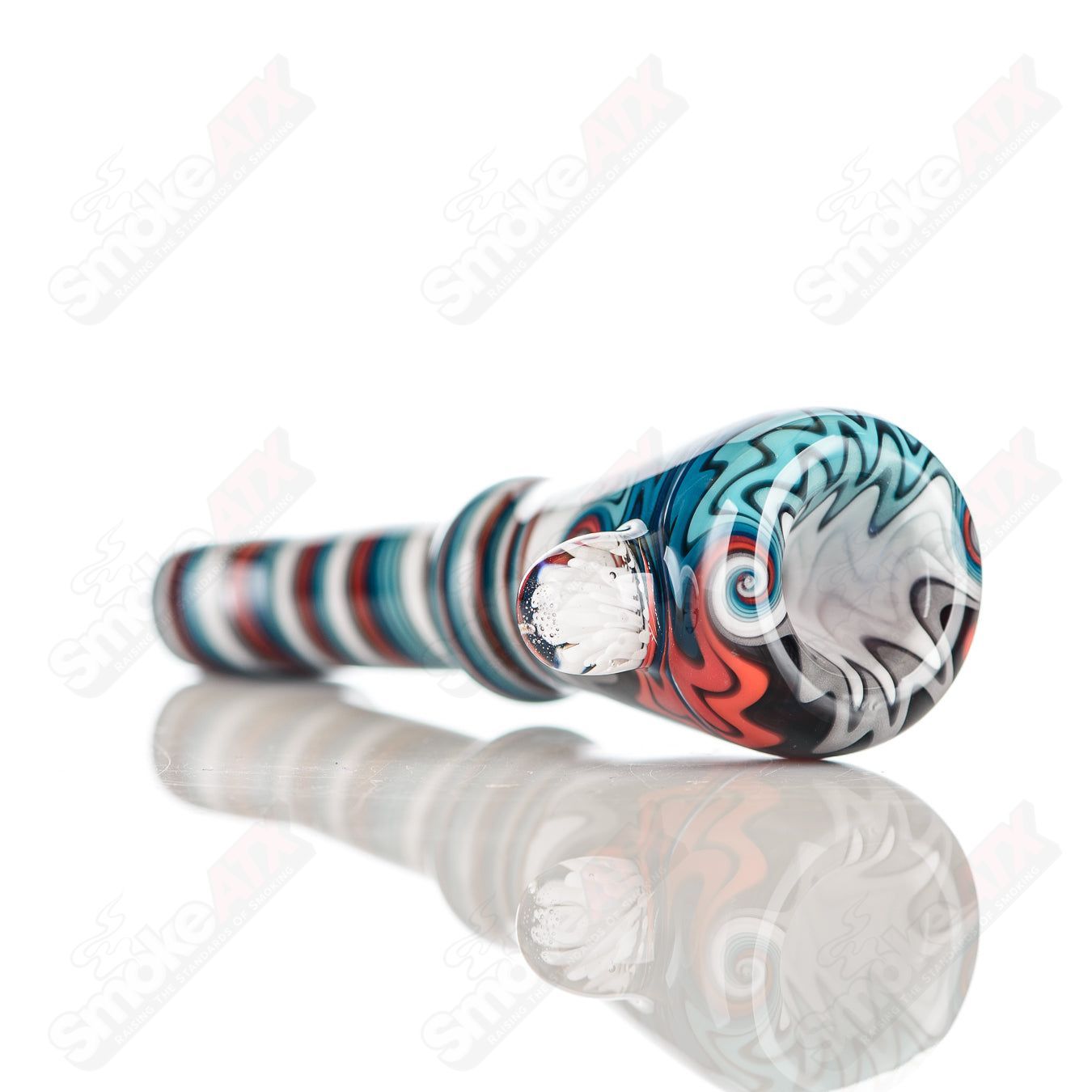 Katy Wright Glass Wig Wag Chillum, colorful heady glass pipe with zigzag patterns, compact and artistic smoking accessory.