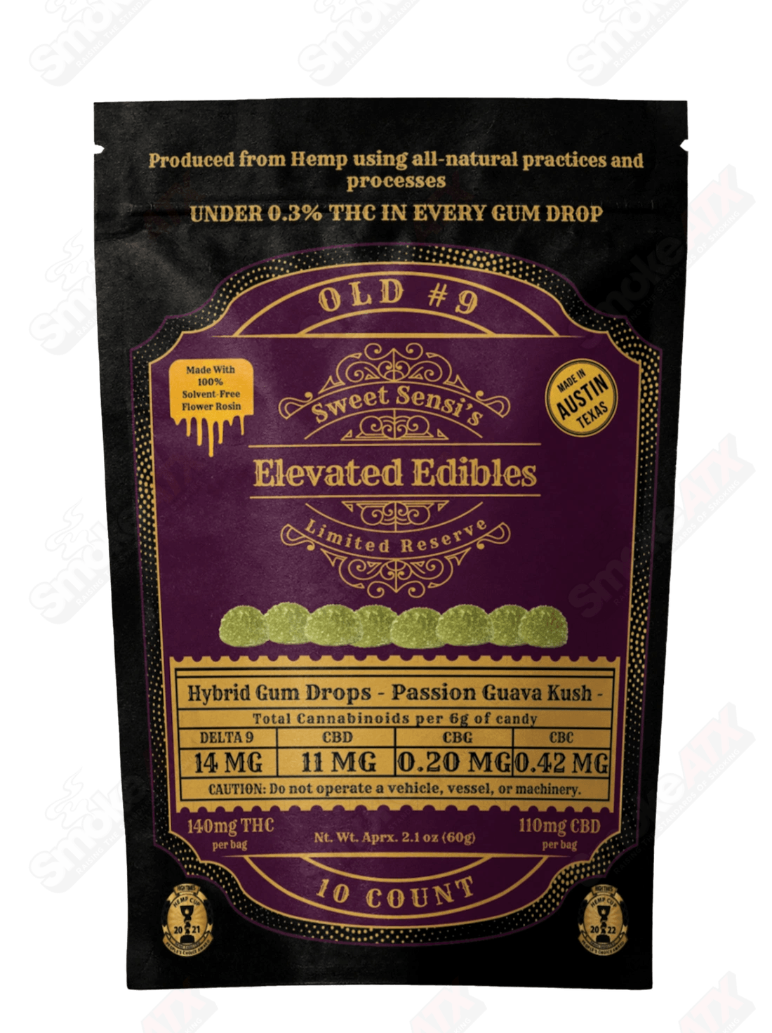 Assorted hemp D9 hybrid gum drops with passion guava and Kush flavor from Sweet Sensi, 10 count, 140mg total THC.