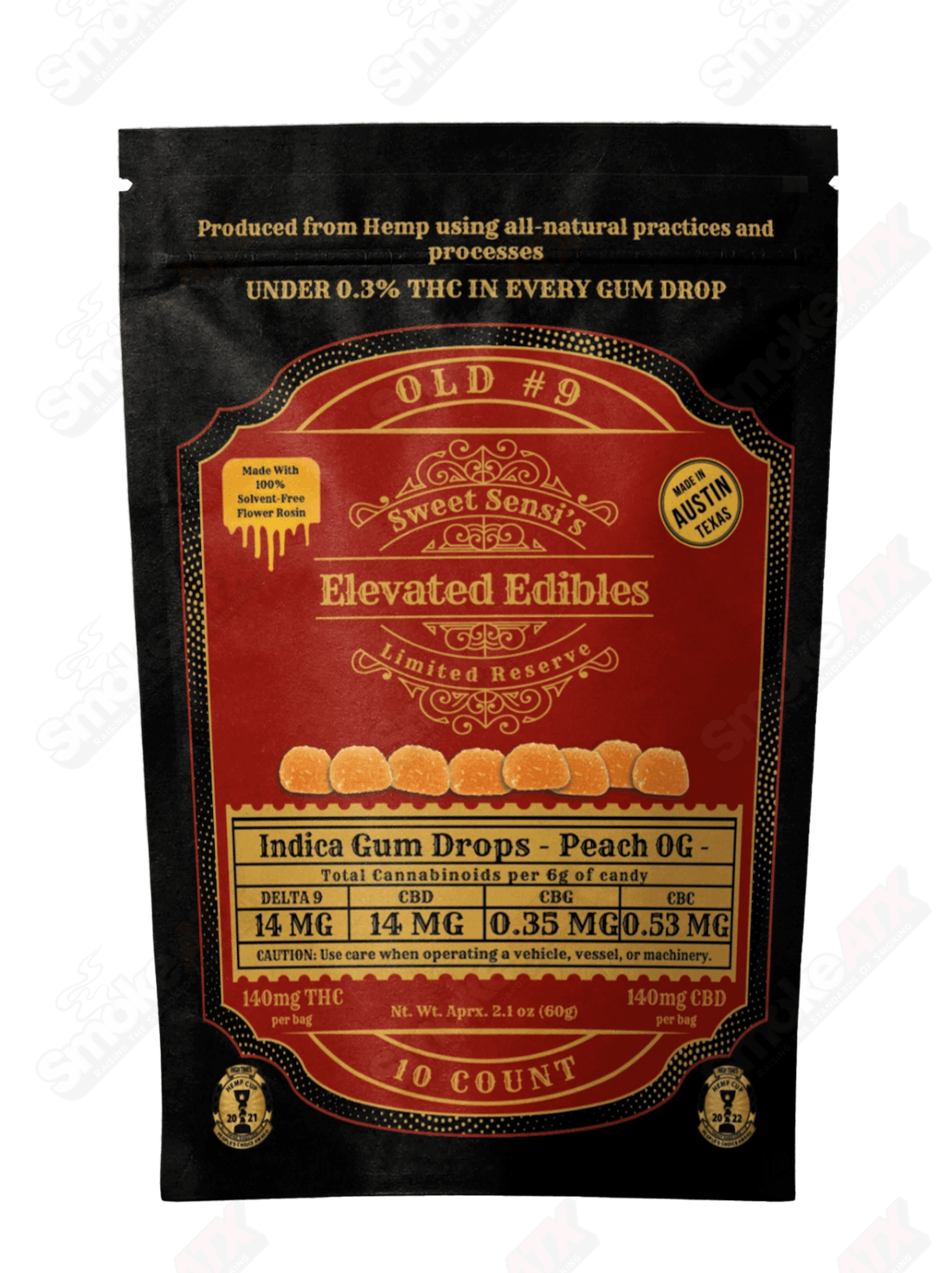 Assorted Peach OG D9 Indica hemp gummies from Sweet Sensi, 10 count, with 140mg THC, in colorful fruit-shaped edible candies.